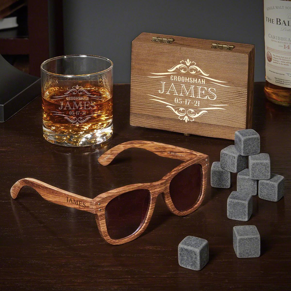 Engraved Whiskey Glass and Whiskey Stone Box Set X3620