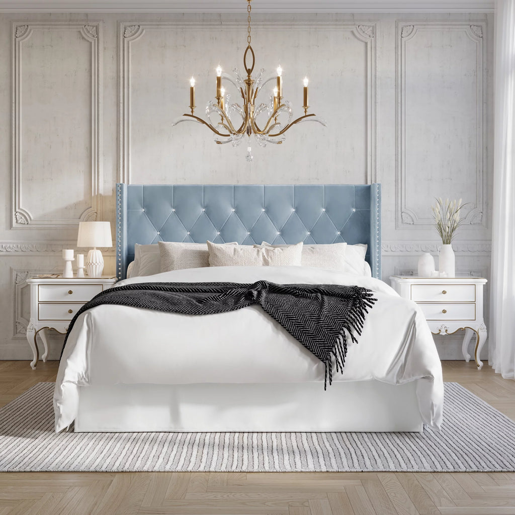 Button Tufted Wingback Velvet Upholstered Bed, Navy Blue, Queen S8051
