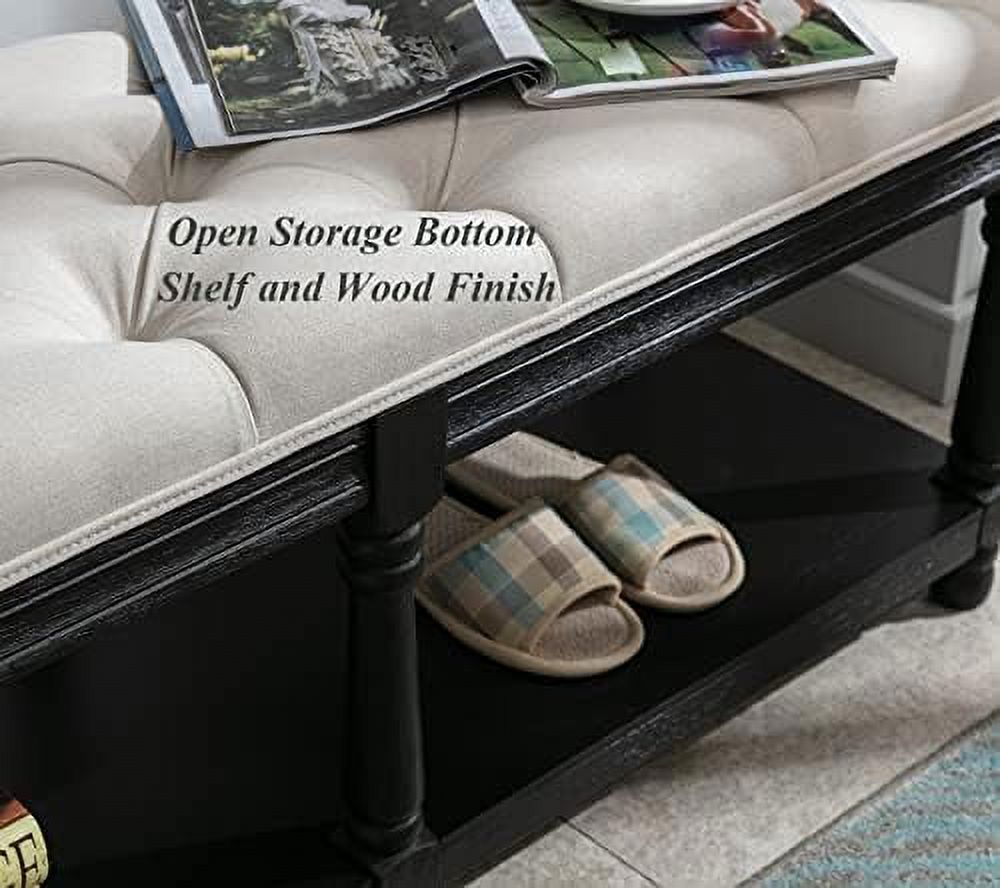 Grey Linen Tufted Bench with Shelf K677243