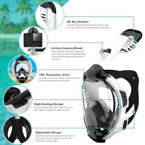 Full Face Snorkel Mask with Dry Top Breathing System and Detachable Camera Mount U9376