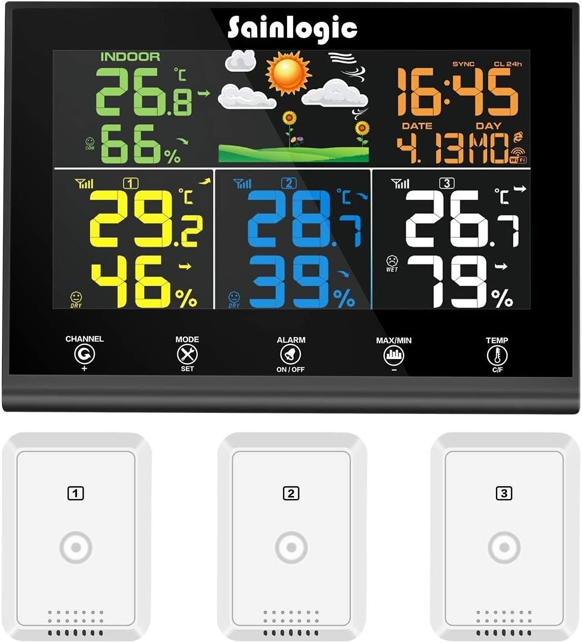 Wireless Weather Station with 3 Outdoor Sensors, Colour Display D319