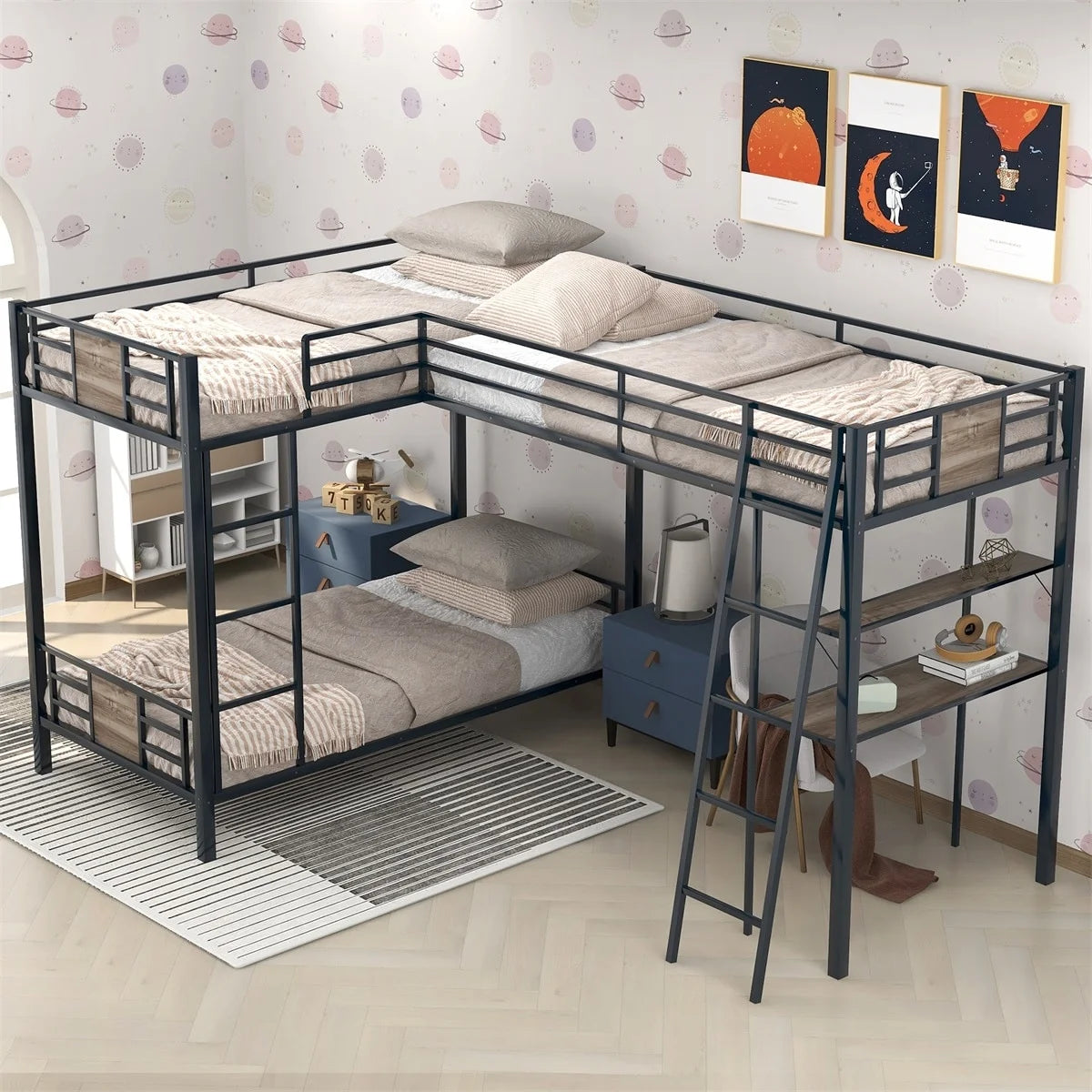 L-Shaped Twin over Twin Bunk Bed with Loft Bed and Desk I8727