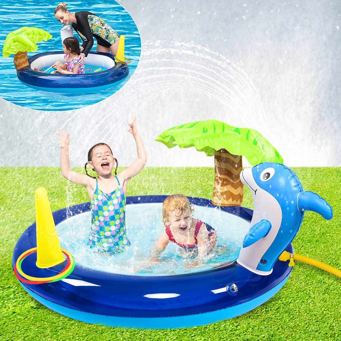Blue Inflatable Swimming Pool with Dolphin Sprinklers A8412