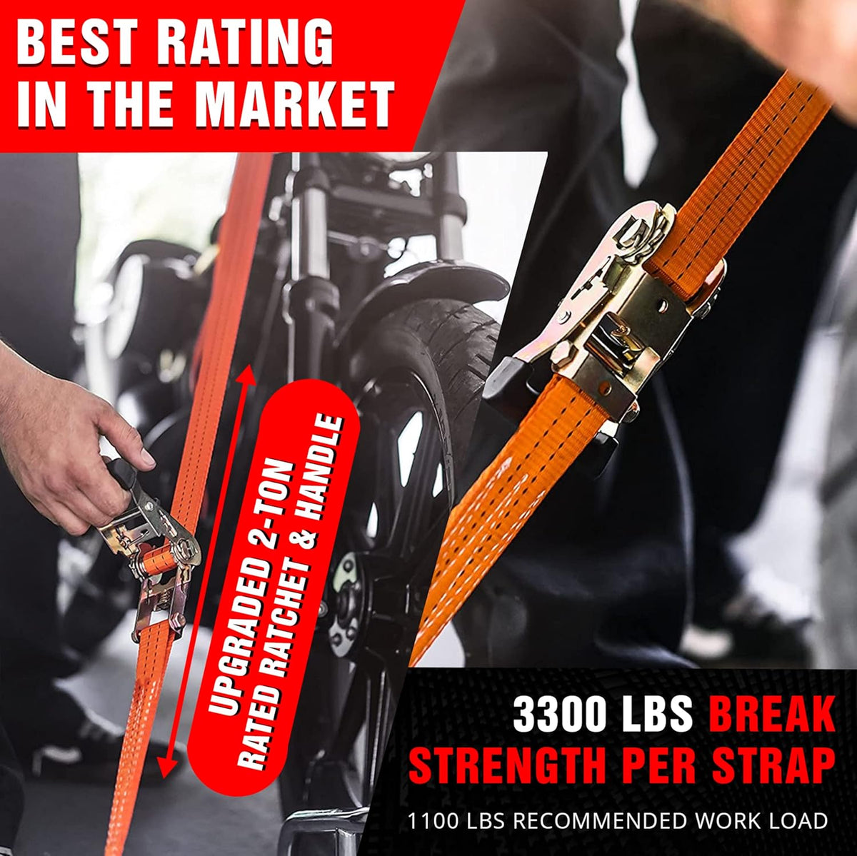 Ratchet Straps Tie Downs 4 Pk 1.5 in X 15 Foot 3300 Break Str Heavy Duty Padded Grips with Duffle Bag and Ratchet Strap Keepers K57917