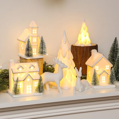 12 Pcs Ceramic Christmas Village Set with Lights S3043