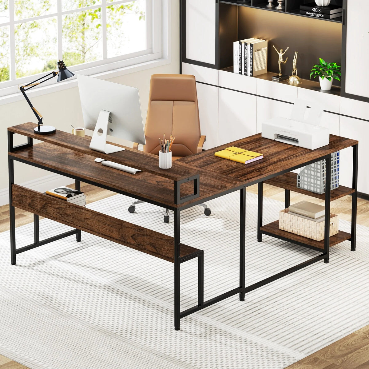 59" L Shaped Desk with Monitor Stand and Storage Shelf N759