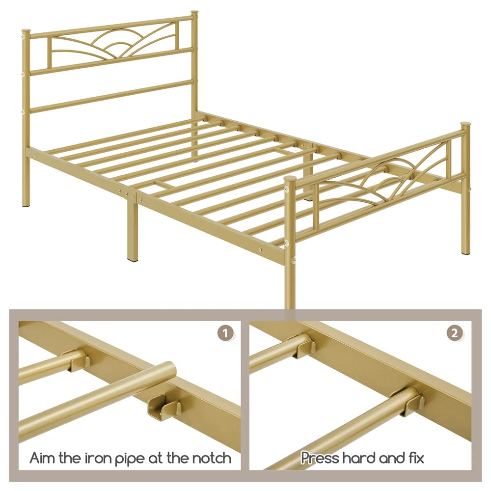 Metal Platform Bed with Headboard Twin XL Antique Gold J3144