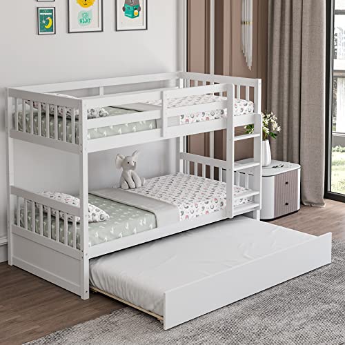 White Twin Over Twin Bunk Bed with Trundle P7567