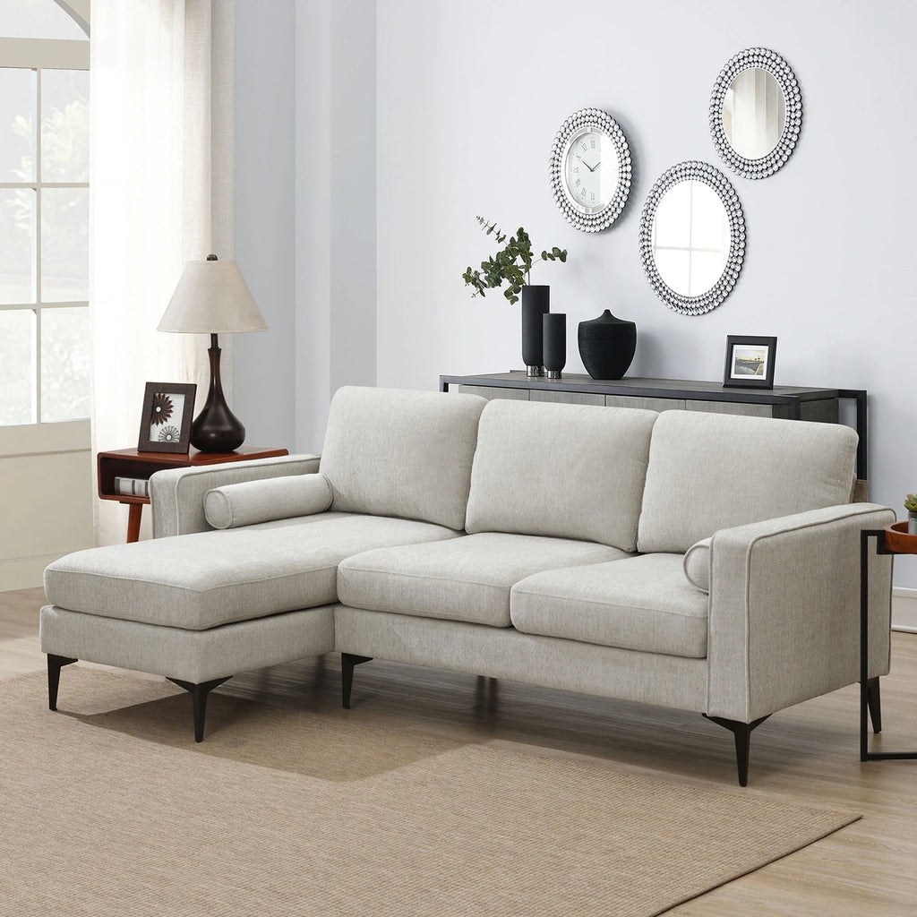 L-Shaped Sectional Sofa with Reversible Chaise, 3 Seater Chenille Fabric Modular Couch with Pillows Metal Legs Z462