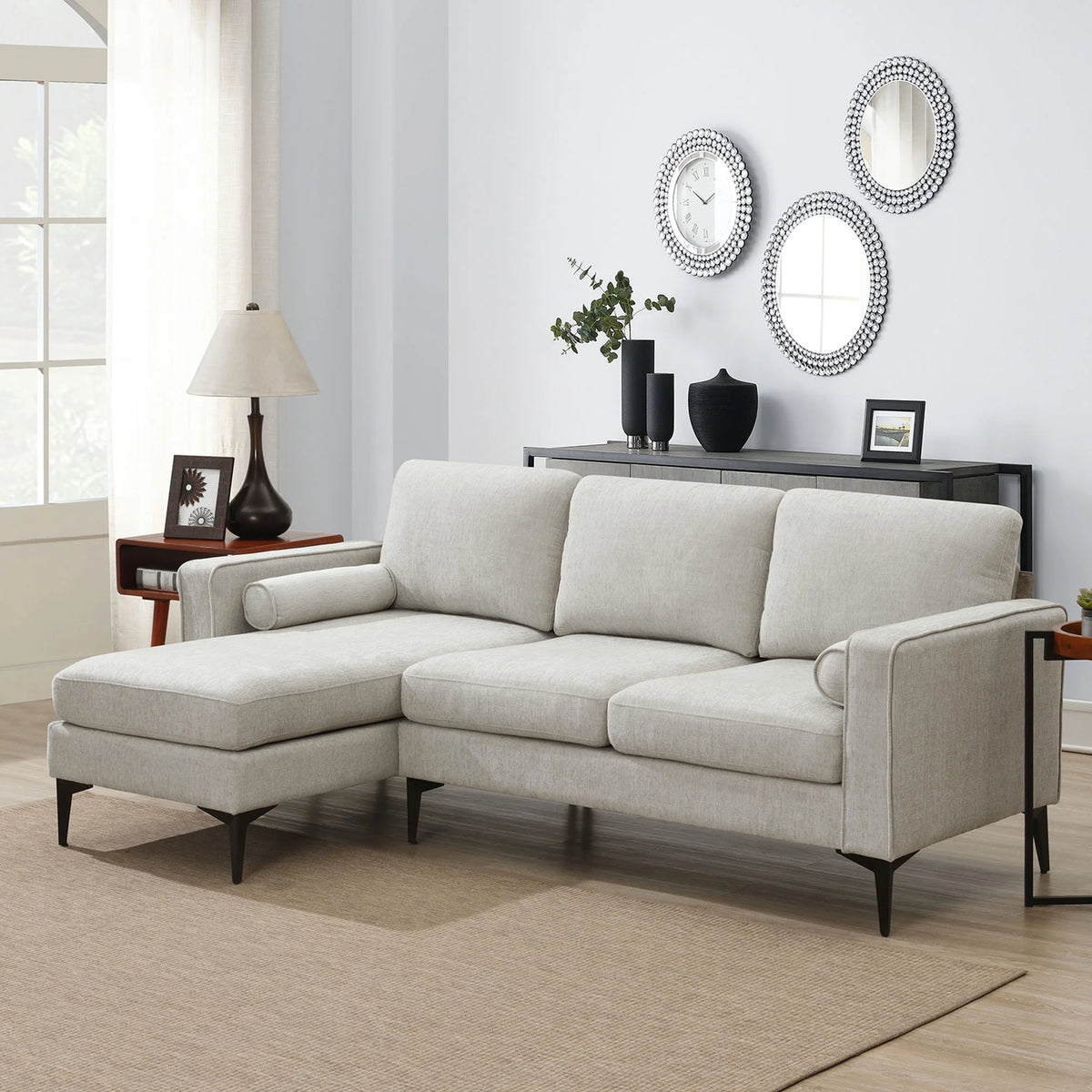 L-Shaped Sectional Sofa with Reversible Chaise, 3 Seater Chenille Fabric Modular Couch with Pillows Metal Legs Z462