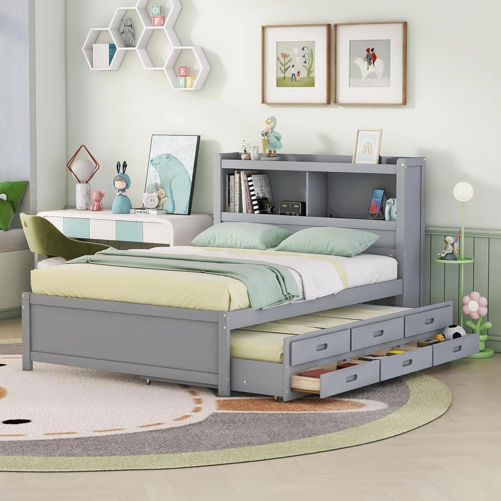 Full Size Wood Platform Bed with Trundle and Storage Drawers U544602