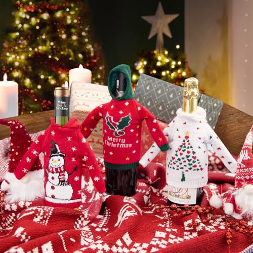 3Pcs Christmas Wine Bottle Covers Knitted Hoodie C234182