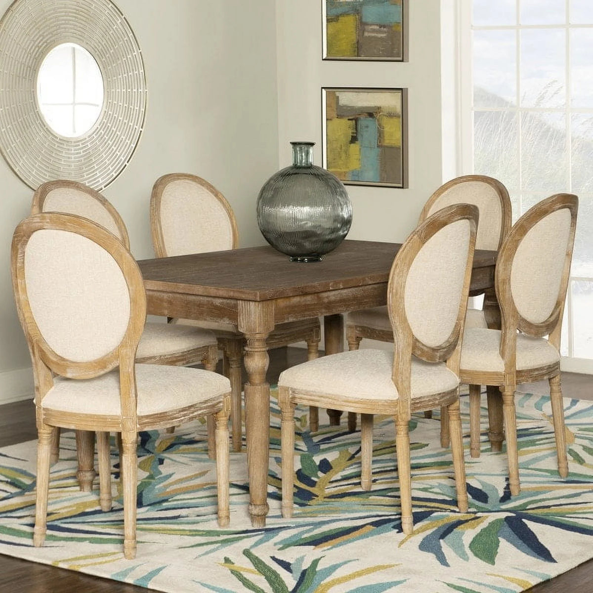 Natural Brown Elm Wood Linen Oval Back Chair Set of 2 G88748