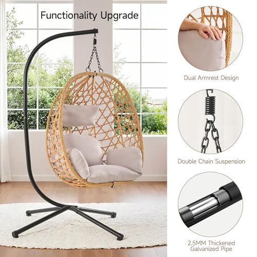 Beige Wicker Rattan Egg Chair with Stand J313484