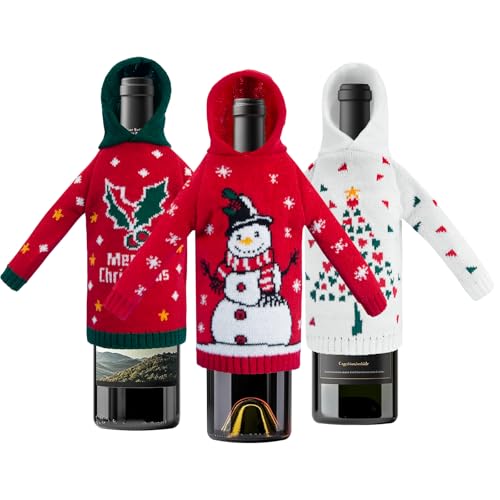 3Pcs Christmas Wine Bottle Covers Knitted Hoodie C234182