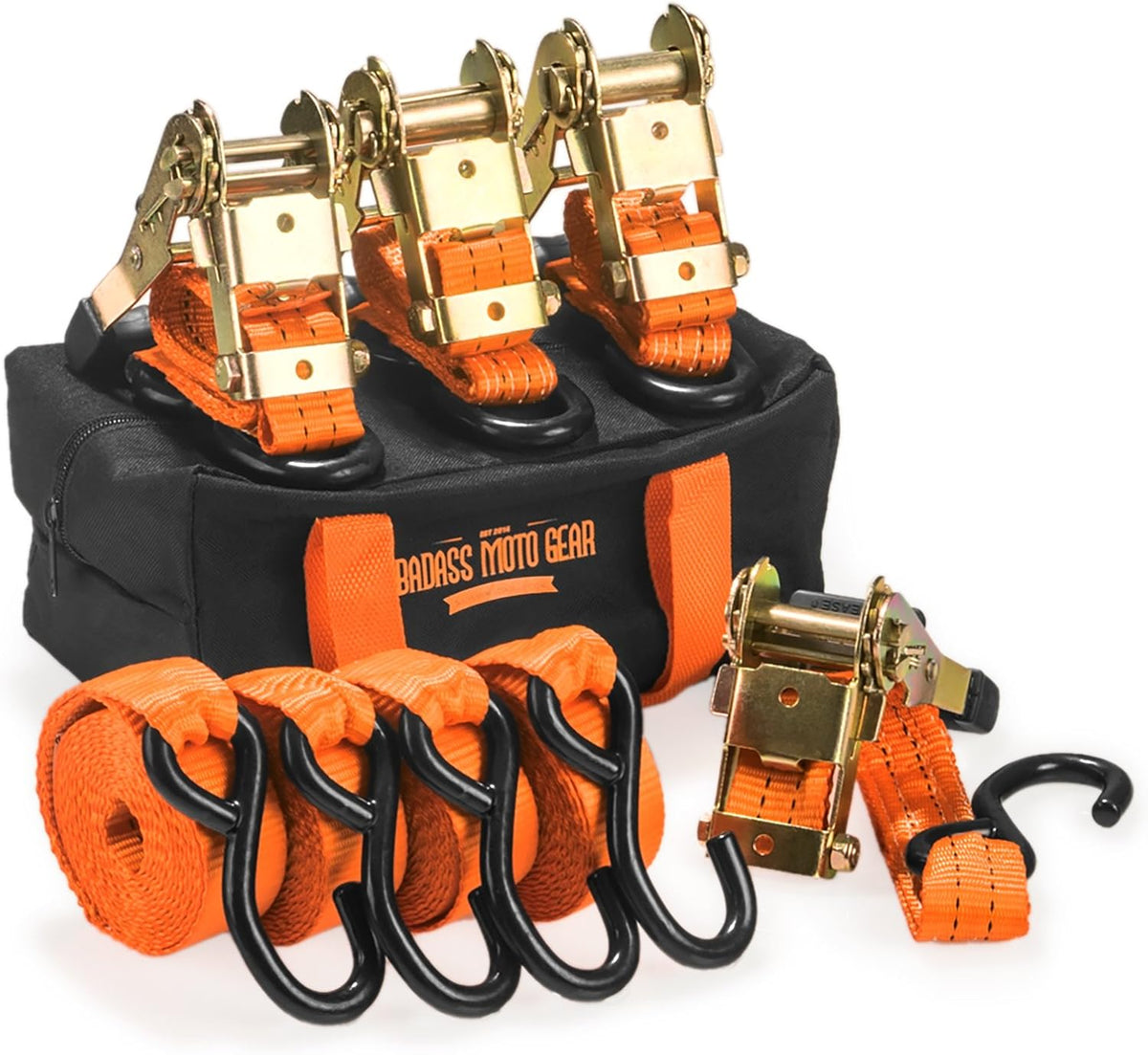 Ratchet Straps Tie Downs 4 Pk 1.5 in X 15 Foot 3300 Break Str Heavy Duty Padded Grips with Duffle Bag and Ratchet Strap Keepers K57917