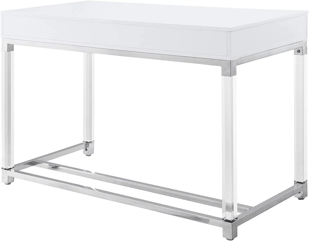 High Gloss 2 Drawers Writing Desk with Acrylic Legs and Chrome Stainless Steel Base White/Chrome V293