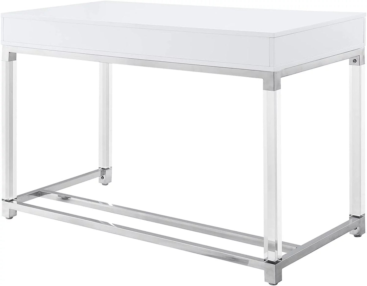High Gloss 2 Drawers Writing Desk with Acrylic Legs and Chrome Stainless Steel Base White/Chrome V293