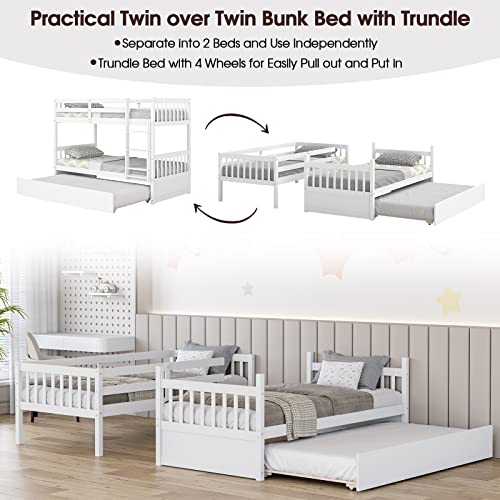 White Twin Over Twin Bunk Bed with Trundle P7567