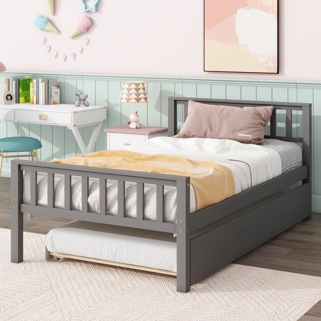 Gray Twin Size Wood Platform Bed with Trundle M991