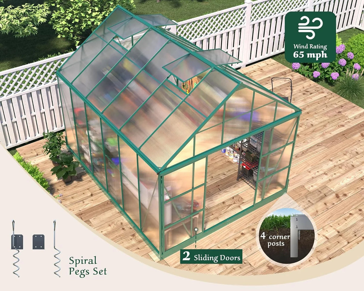 12x10x10 ft Polycarbonate Greenhouse with 2 Sliding Doors 4 Vents B462