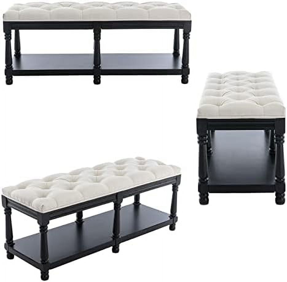 Grey Linen Tufted Bench with Shelf K677243