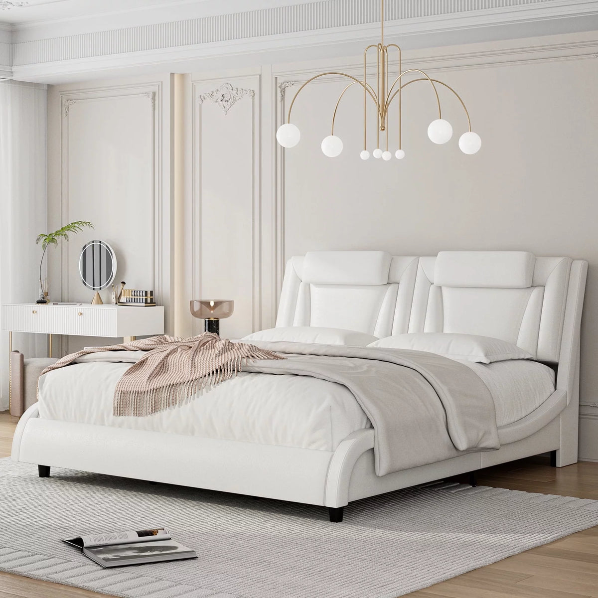 Queen LED PU Leather Upholstered Platform Bed with Adjustable Headboard H123255