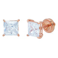 4 ct Princess Cut Solitaire Studs VVS1 Blue Simulated Diamond Solid 18K Pink Rose Gold Earrings Screw back T22370