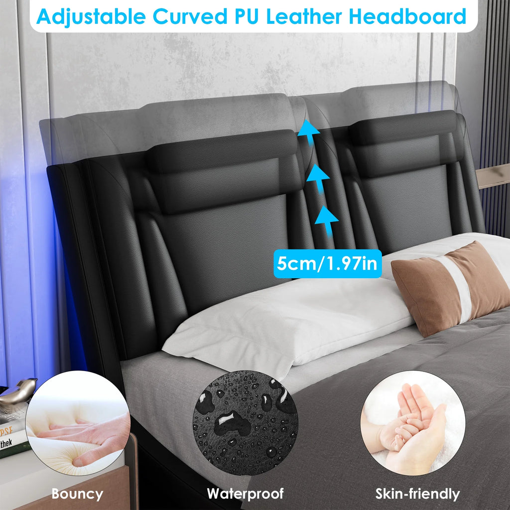 Queen LED PU Leather Upholstered Platform Bed with Adjustable Headboard H123255