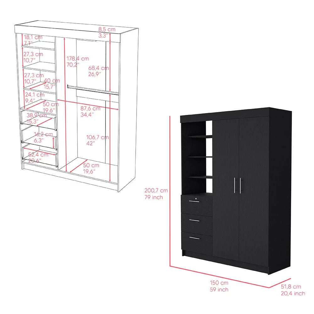 2 Piece Bedroom Set Armoire and Nightstand Black Wengue Finish T7245