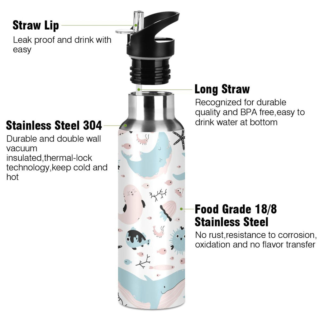 Stainless Steel Insulated Vacuum Flask Water Bottle with Straw Lid H89632