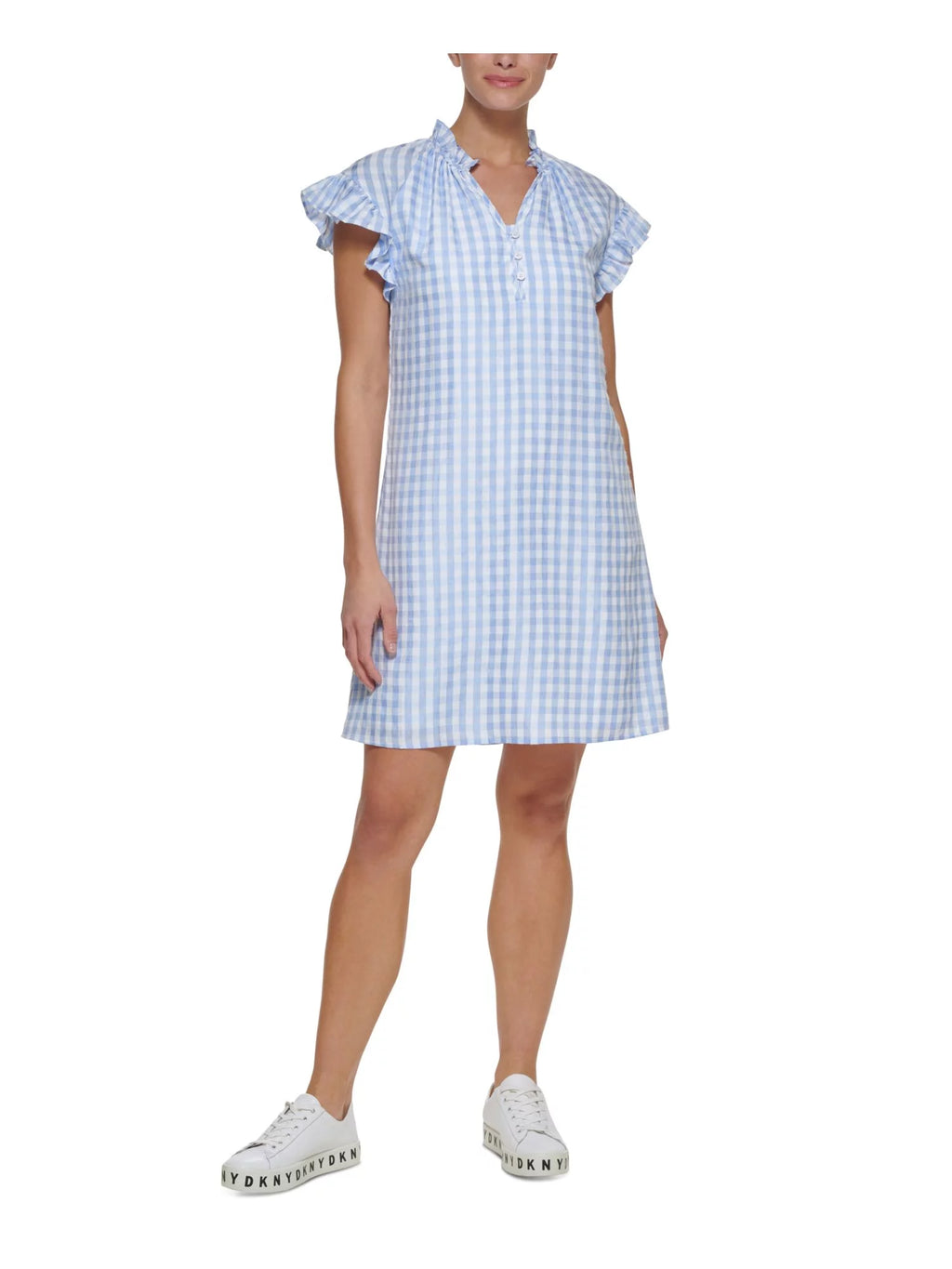 Blue Ruffled Button Detail Lined Gingham Flutter Sleeve Short Shift Dress V2196