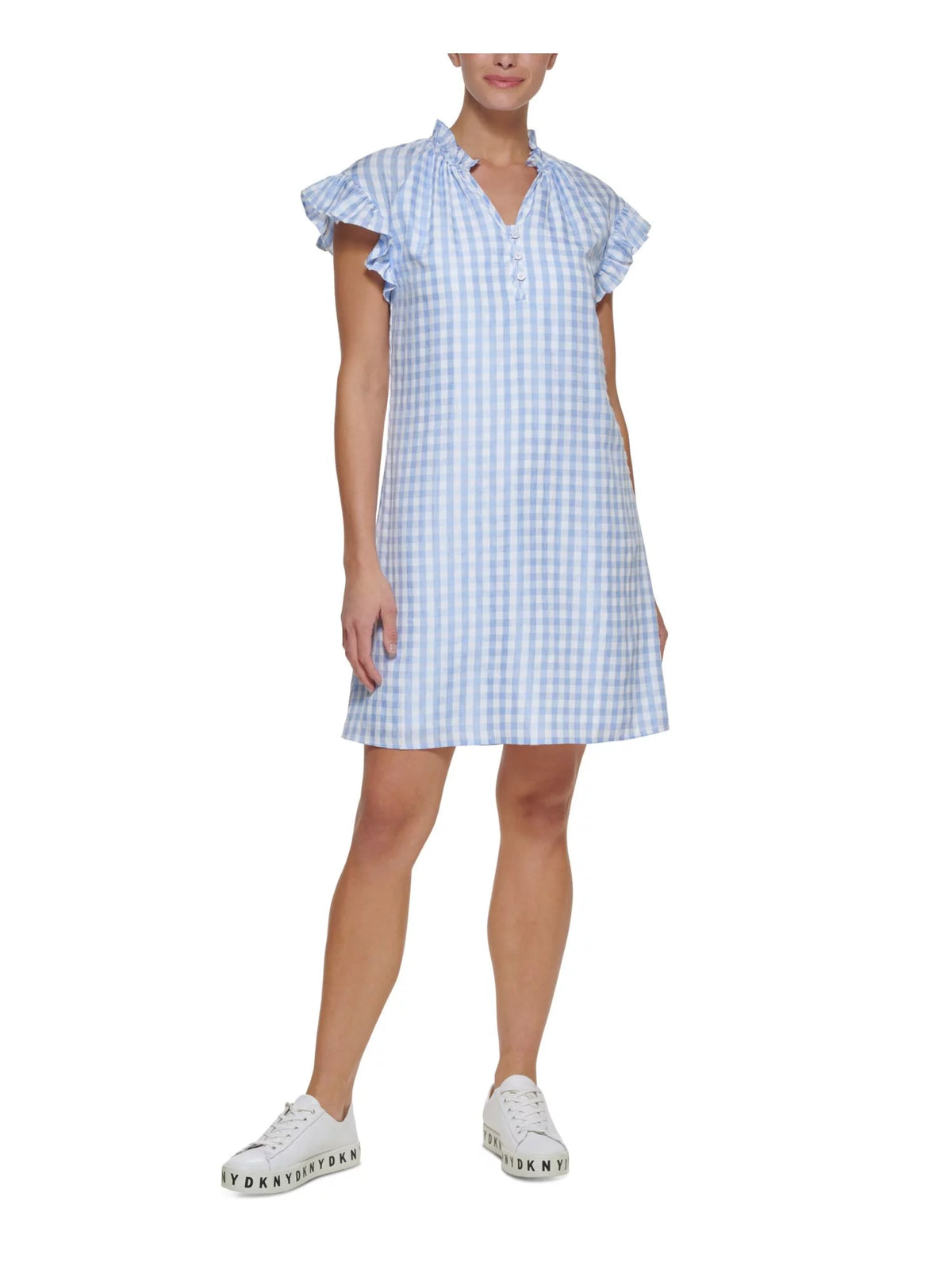 Blue Ruffled Button Detail Lined Gingham Flutter Sleeve Short Shift Dress V2196