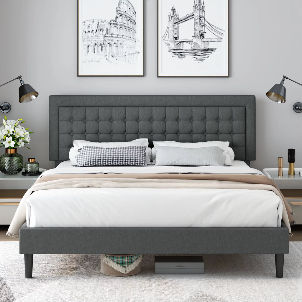 King Bed Frame with Adjustable Button Tufted Upholstered Headboard X713661