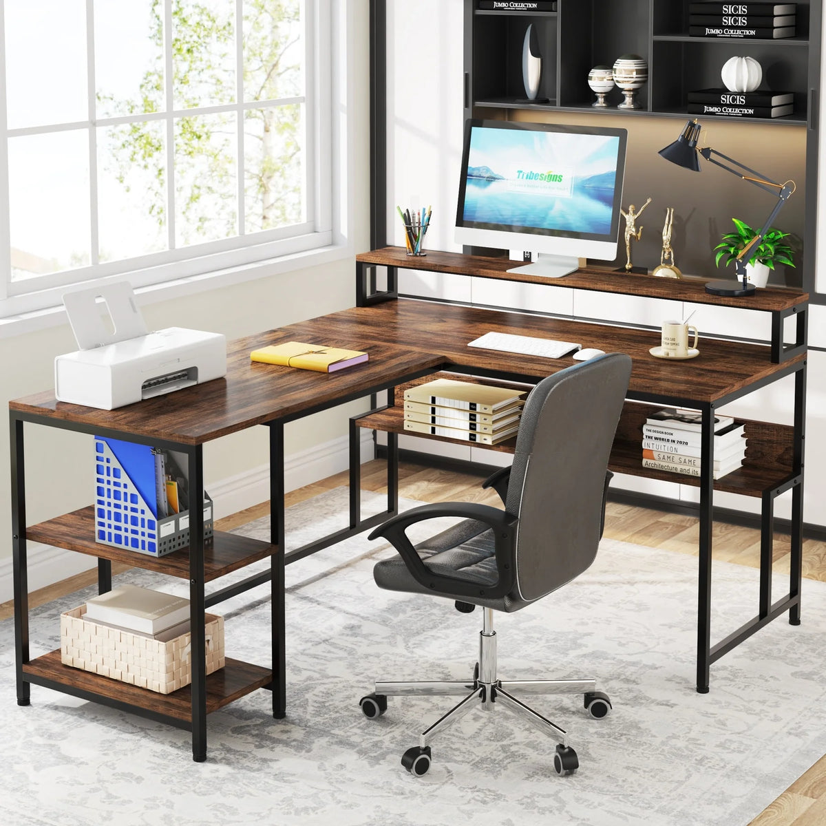 59" L Shaped Desk with Monitor Stand and Storage Shelf N759
