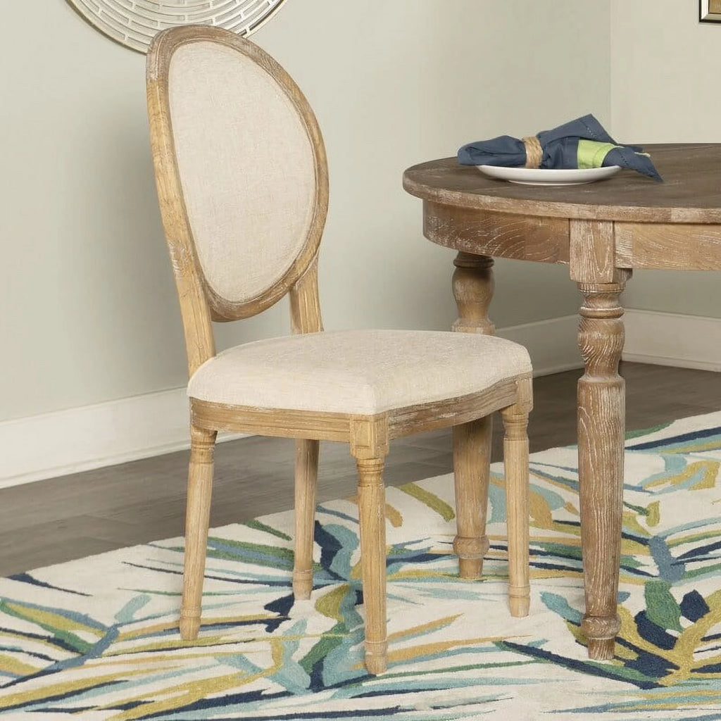 Natural Brown Elm Wood Linen Oval Back Chair Set of 2 G88748