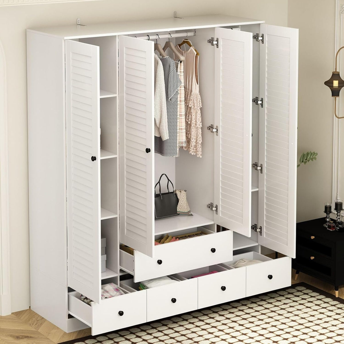 Rustic White Slat Door Wardrobe with 5 Drawers and 4 Doors P822860