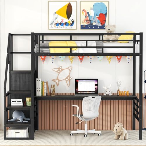 Full Size Metal Loft Bed with Desk and Wardrobe X5754