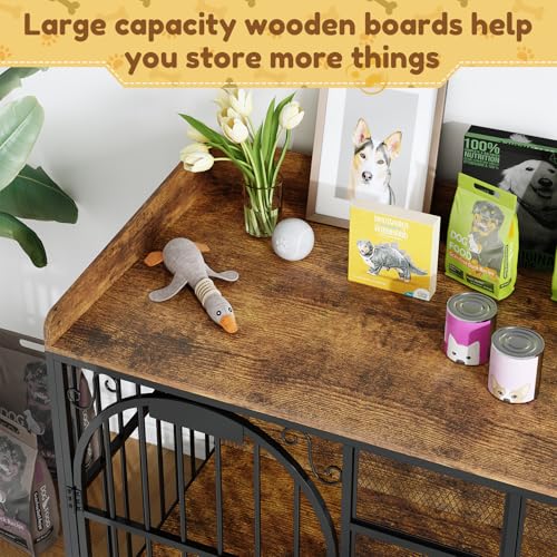 Large Dog Crate Furniture with Chew-Resistant Heavy Duty Wooden Dog Cage Rustic Brown O214