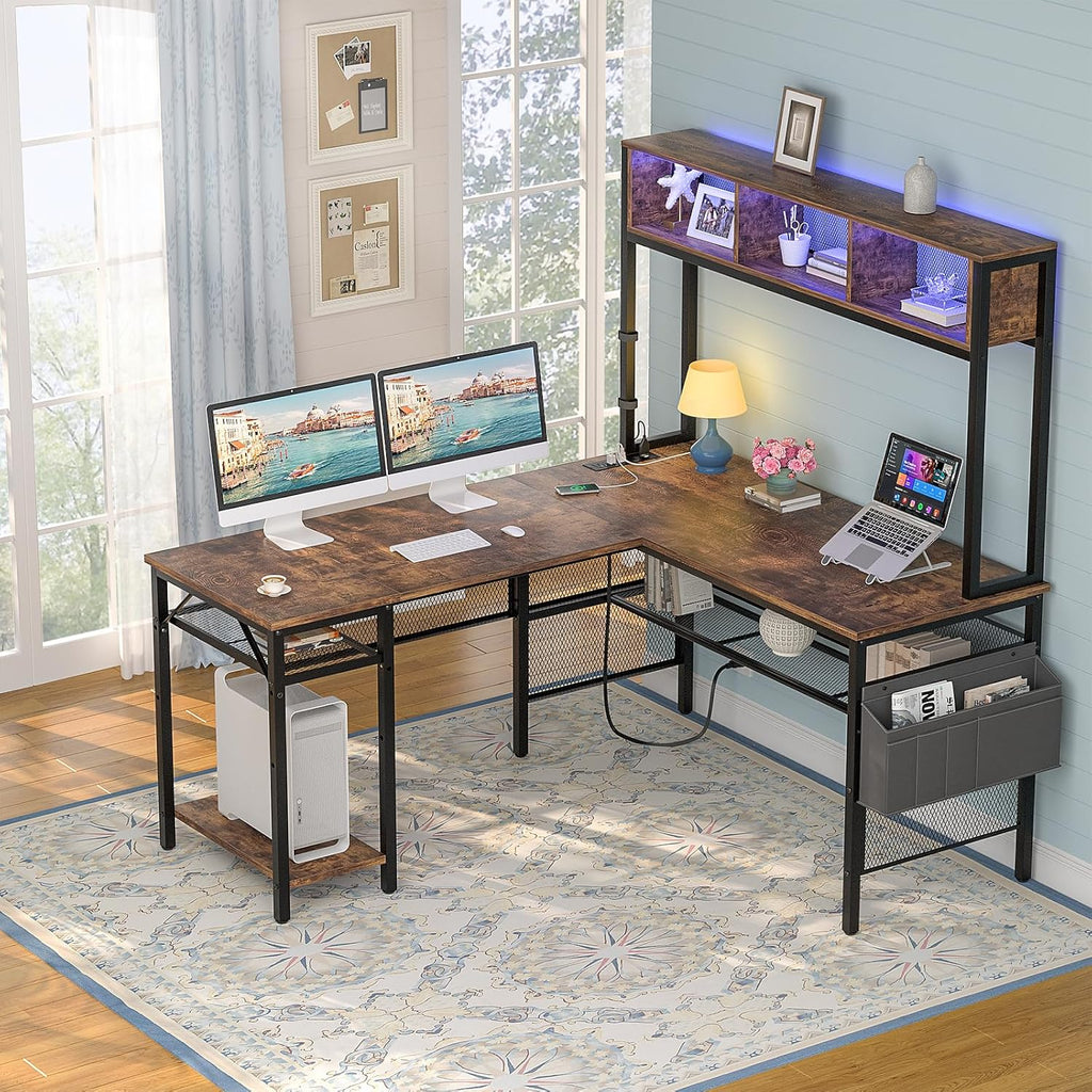 55 Inch L Shaped Gaming Desk with LED Lights & Power Outlets, Rustic Brown Q439100