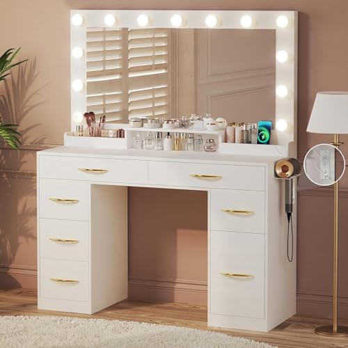 White Vanity Desk with Lights and Large Mirror J566