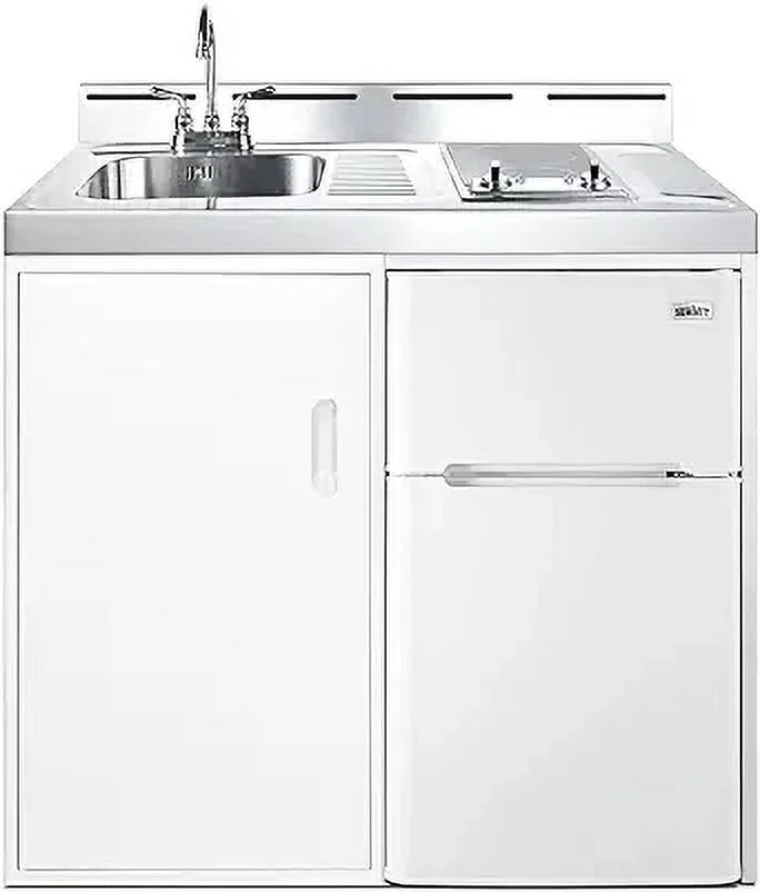 39 inch wide all-in-one kitchenette with 2-burner cooktop, refrigerator-freezer, sink, and storage cabinet P66842