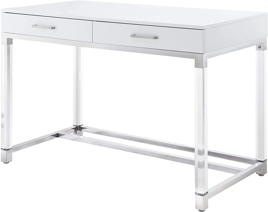 High Gloss 2 Drawers Writing Desk with Acrylic Legs and Chrome Stainless Steel Base White/Chrome V293