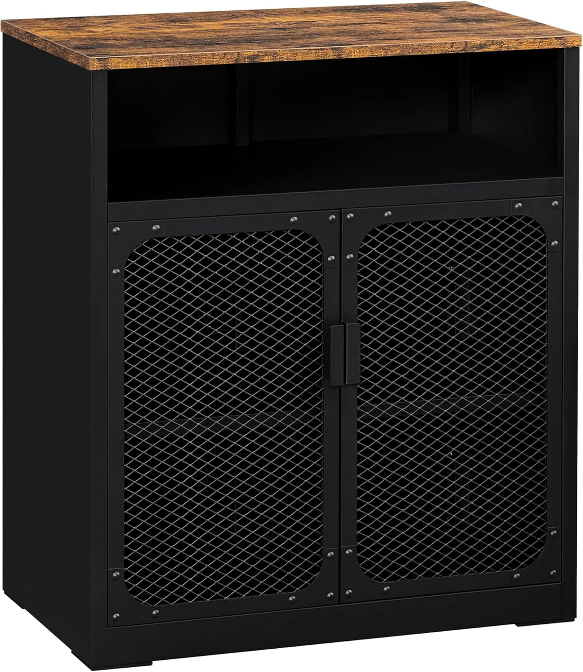 Rustic Brown and Black Storage Cabinet with Mesh Doors and Adjustable Shelf W9785