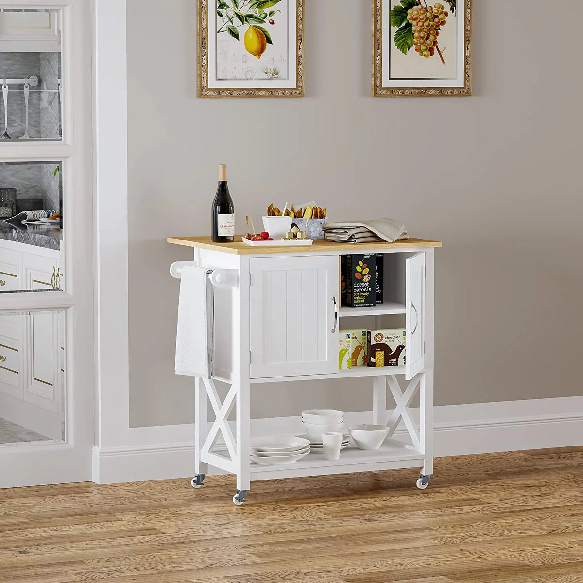 White Kitchen Island on Wheels with Storage Cabinet and Drop Leaf D573340