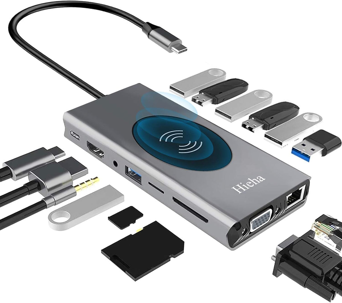 USB C Hub 15-in-1 Docking Station with 4K HDMI, Ethernet, Wireless Charger, 100W PD, SD/TF Card Reader Y5012
