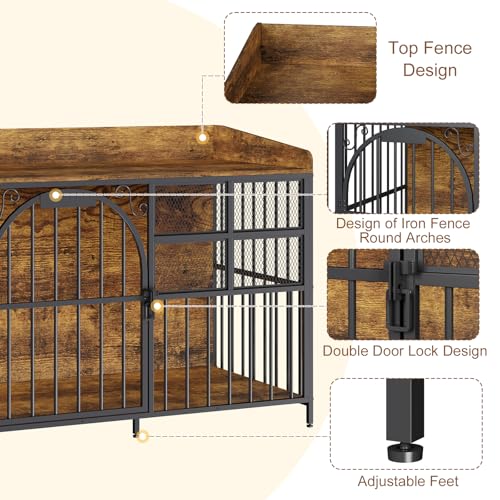 Large Dog Crate Furniture with Chew-Resistant Heavy Duty Wooden Dog Cage Rustic Brown O214