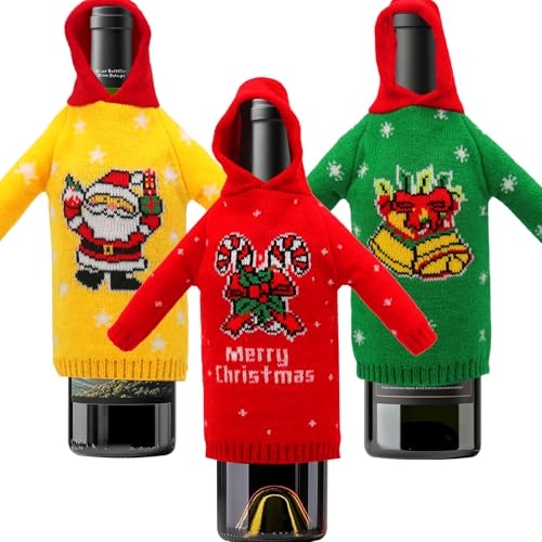 3Pcs Christmas Wine Bottle Covers Knitted Hoodie C234182