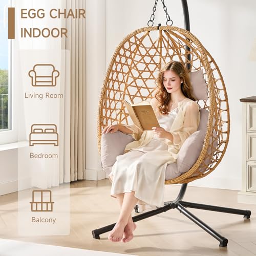 Beige Wicker Rattan Egg Chair with Stand J313484