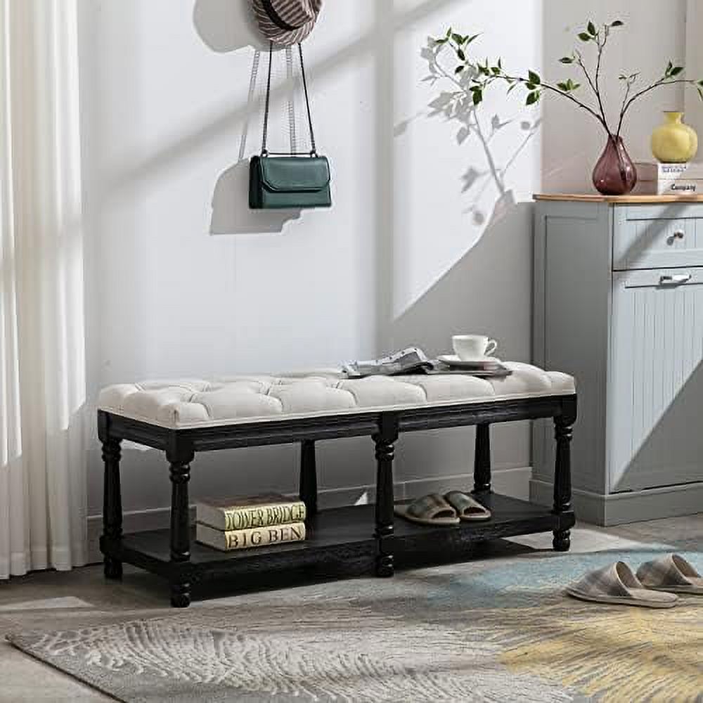 Grey Linen Tufted Bench with Shelf K677243